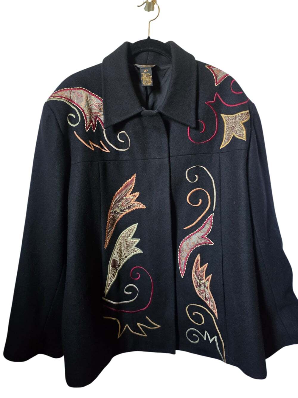 Vintage Allure Embroidered Wool Artsy Boho Womens Black Coat Sz 2X